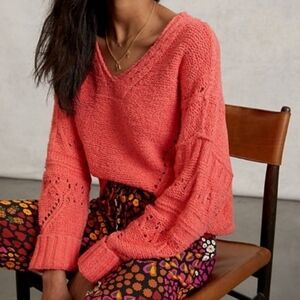 Anthropologie Pilcro Coral Salmon Peach Hibiscus Sweater